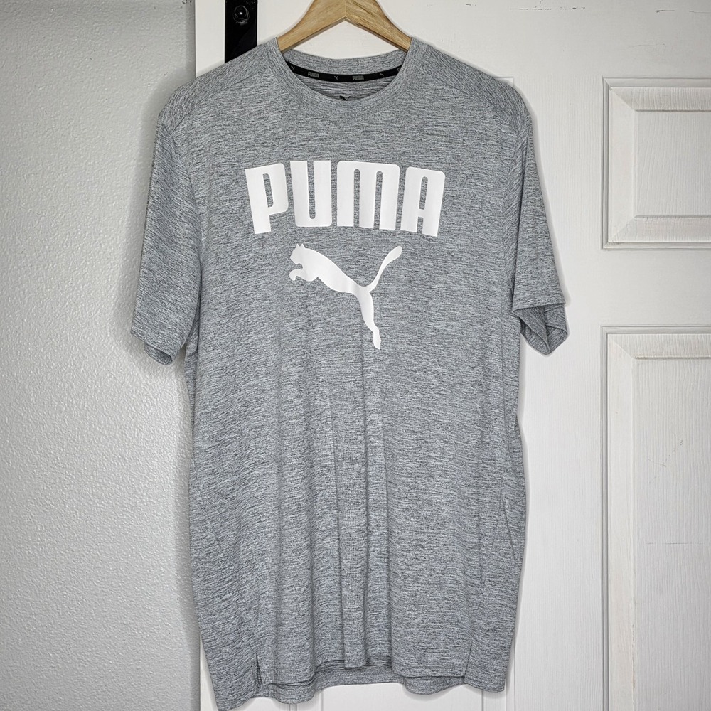 PUMA Gray Logo T-Shirt Men's L Knit Cotton Crew Neck Lightweight Regular Fit
